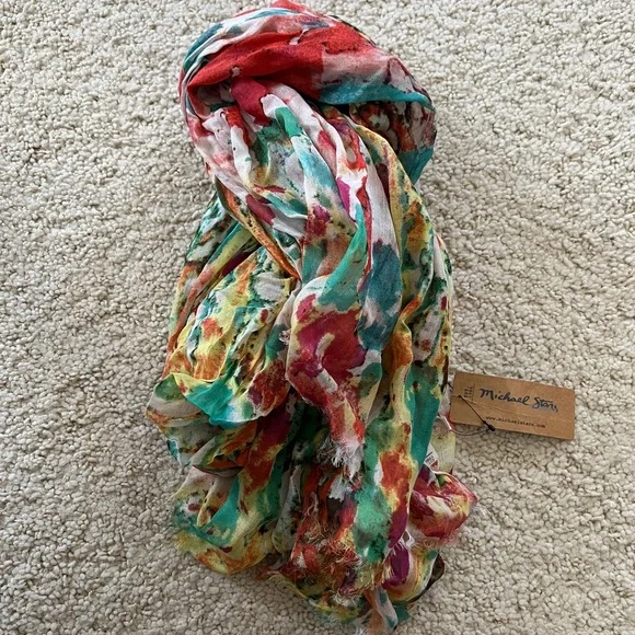 New Michael Stars scarf wrap fringe splatter colorful sheer spring light modal - Picture 1 of 6